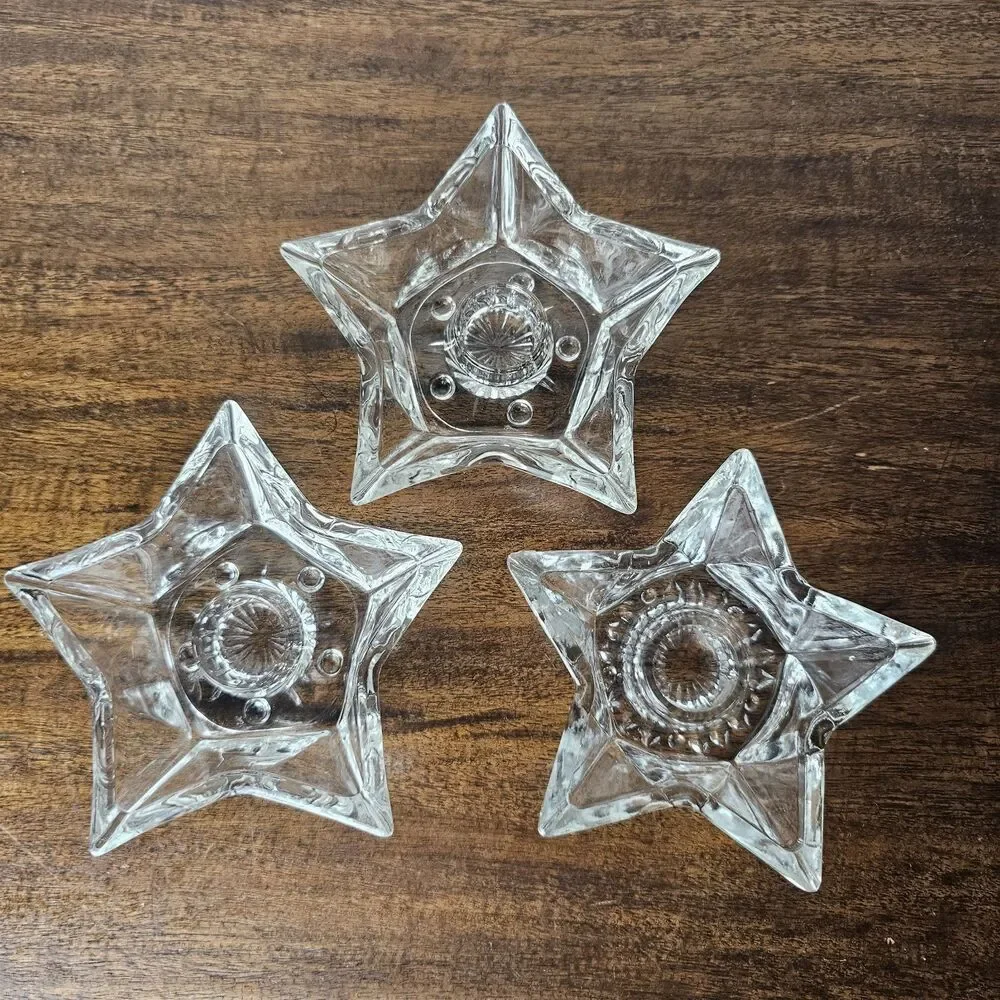Set of 3 Vintage Clear Glass 5-Point Star Taper Candle Holders Celestial Decor